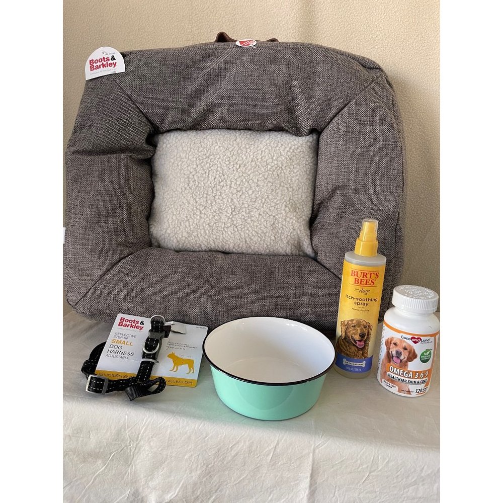 Boots, Bees & Coco Pet Pack - Small Dog -Pet Bed, Vitamins, Harness, Bowl, Spray
